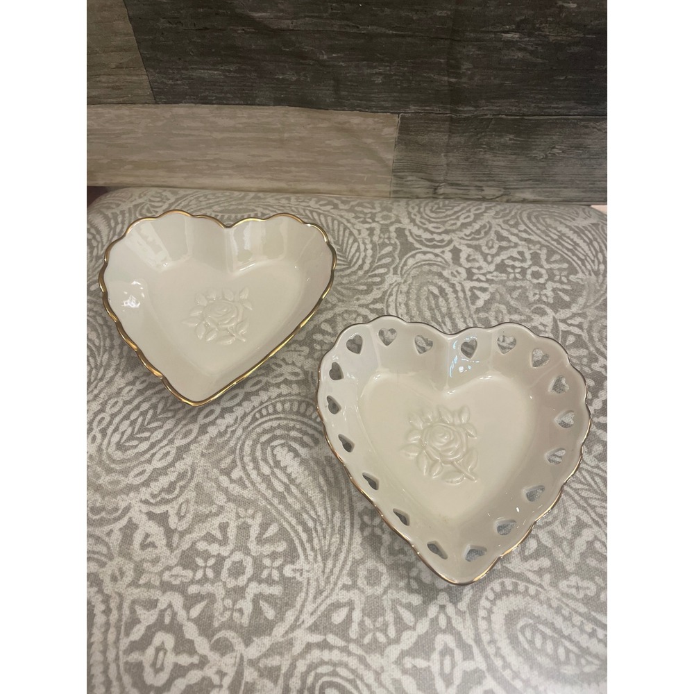 Lenox Heart Trinket Dish Set Ivory USA Embossed Rose Gold Trim Pierced 2pc